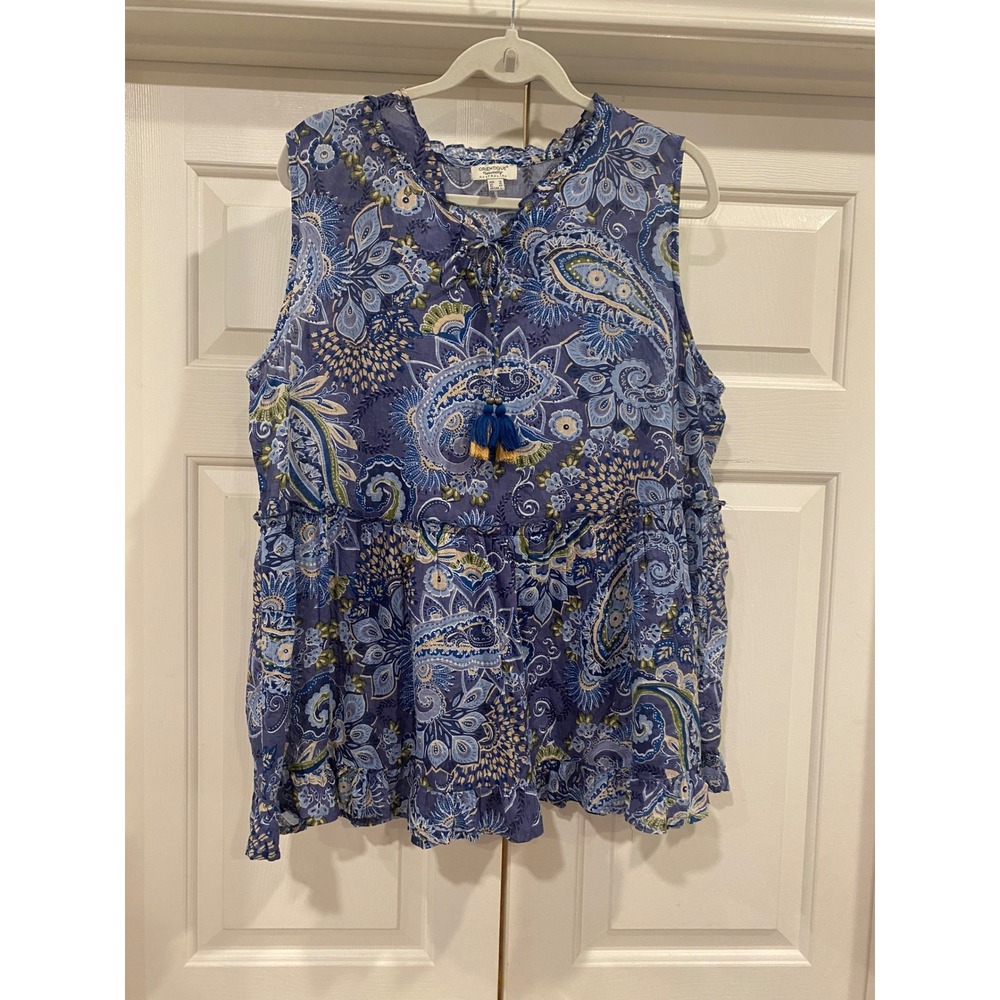 Orientique Australian Blue Paisley Tassel Babydoll Sleeveless Top Large L